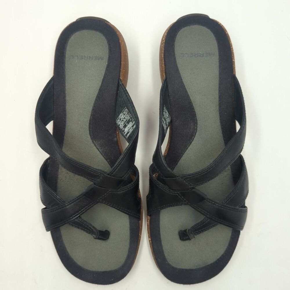 Merrell Women's Sundial Cross Midnight Thong Sandals Black 6 Leather Cork - Picture 6 of 10